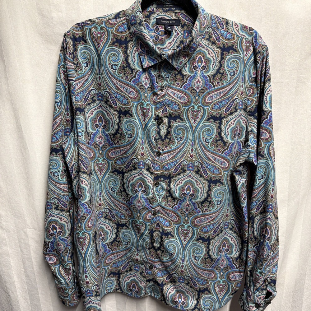 Lands' End LS button shirt Women 18 all-over multi-color paisley print bohemian